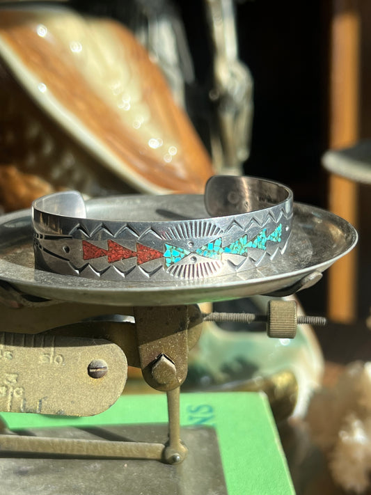Sterling Silver & Turquoise/Coral Crushed Inlay