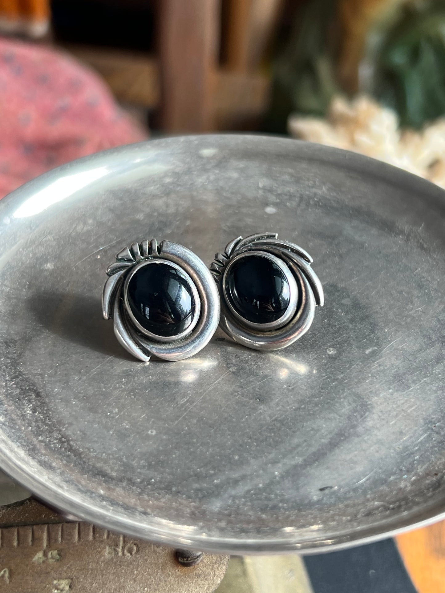 Signed Black Onyx Sterling Silver Post Earrings