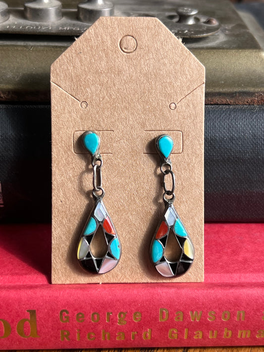 Multi Color Inlay Zuni Drop Earrings