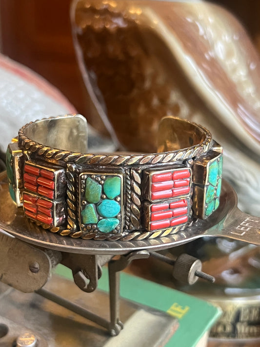 Vintage Tibetan Green/Turquoise & Coral Heavy Cuff