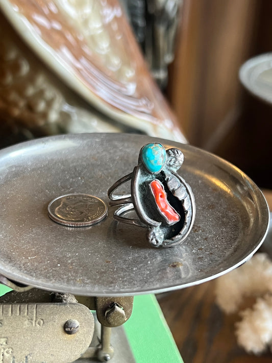Old Pawn Turquoise & Coral Double Stone Ring with 3 Wide Band