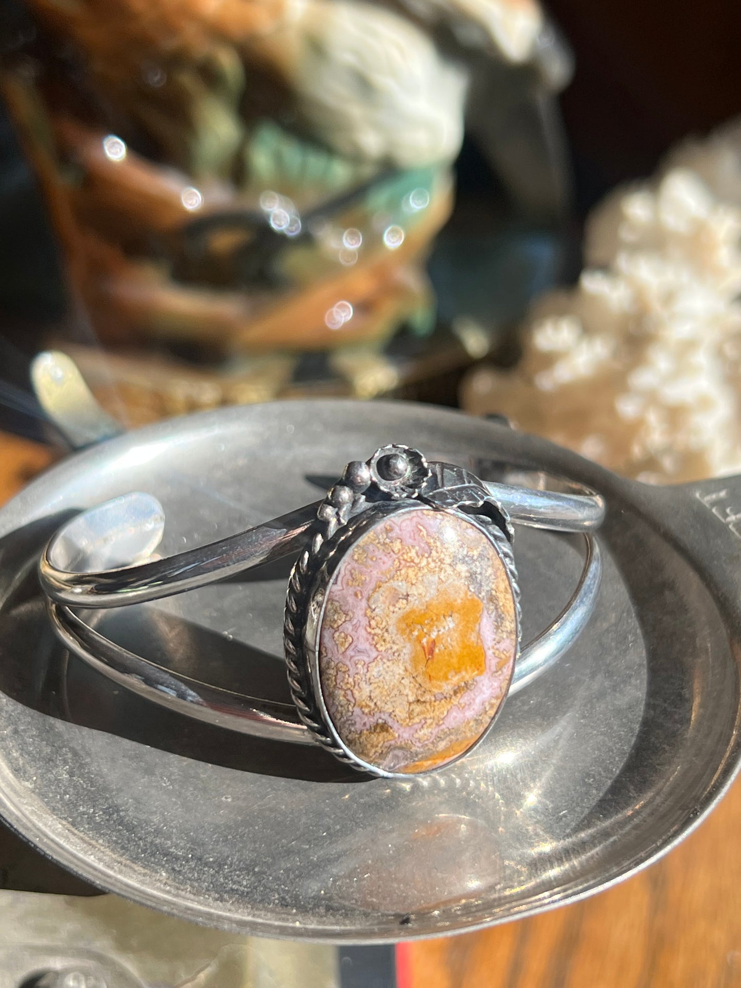 Vintage Pink/Yellow Crazy Lace Agate Stone Cuff