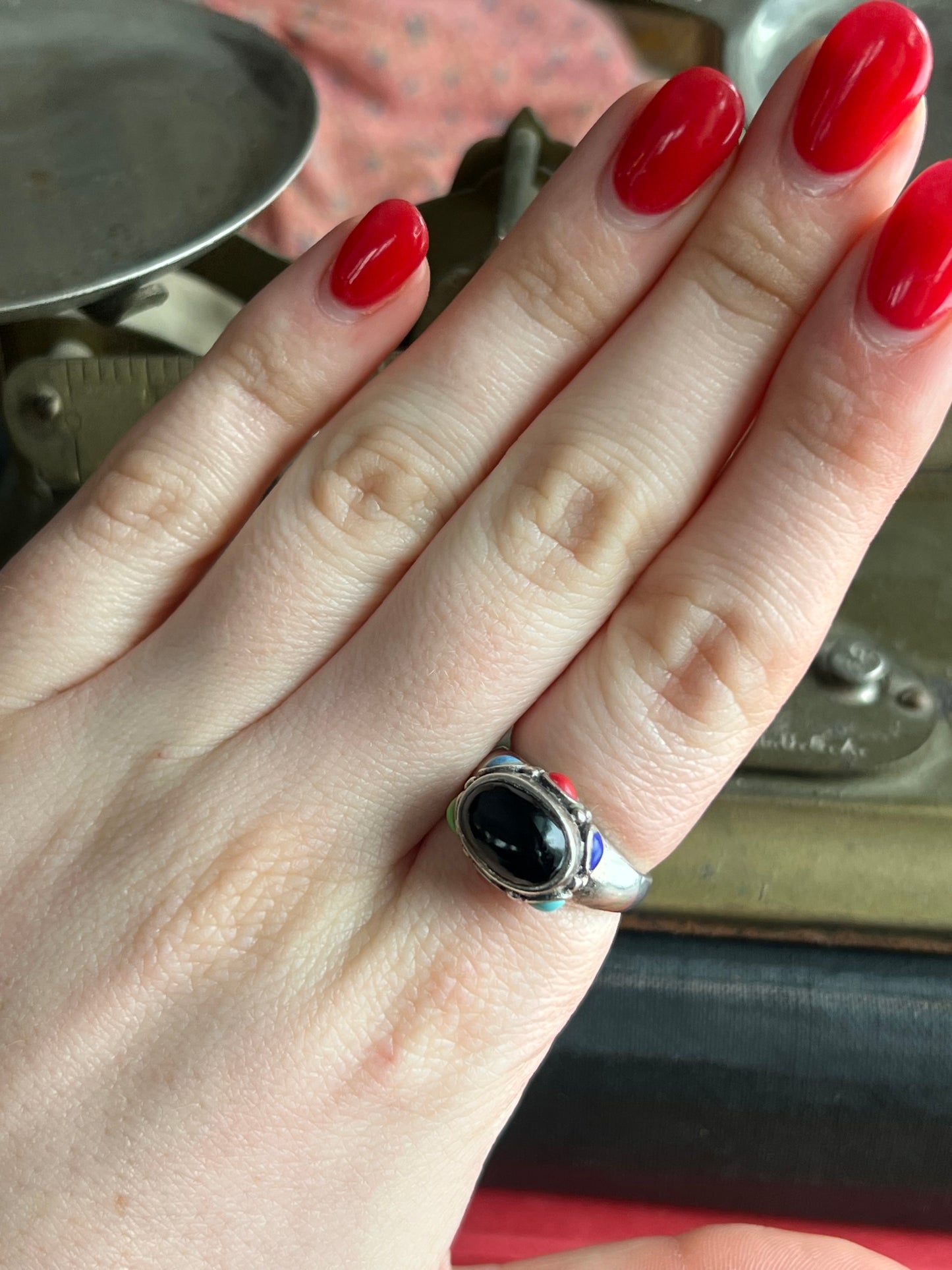 Black Onyx Stone with Multi Color Stone Frame