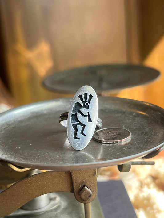 Signed Hopi Overlay Kokopelli Sterling Silver Ring