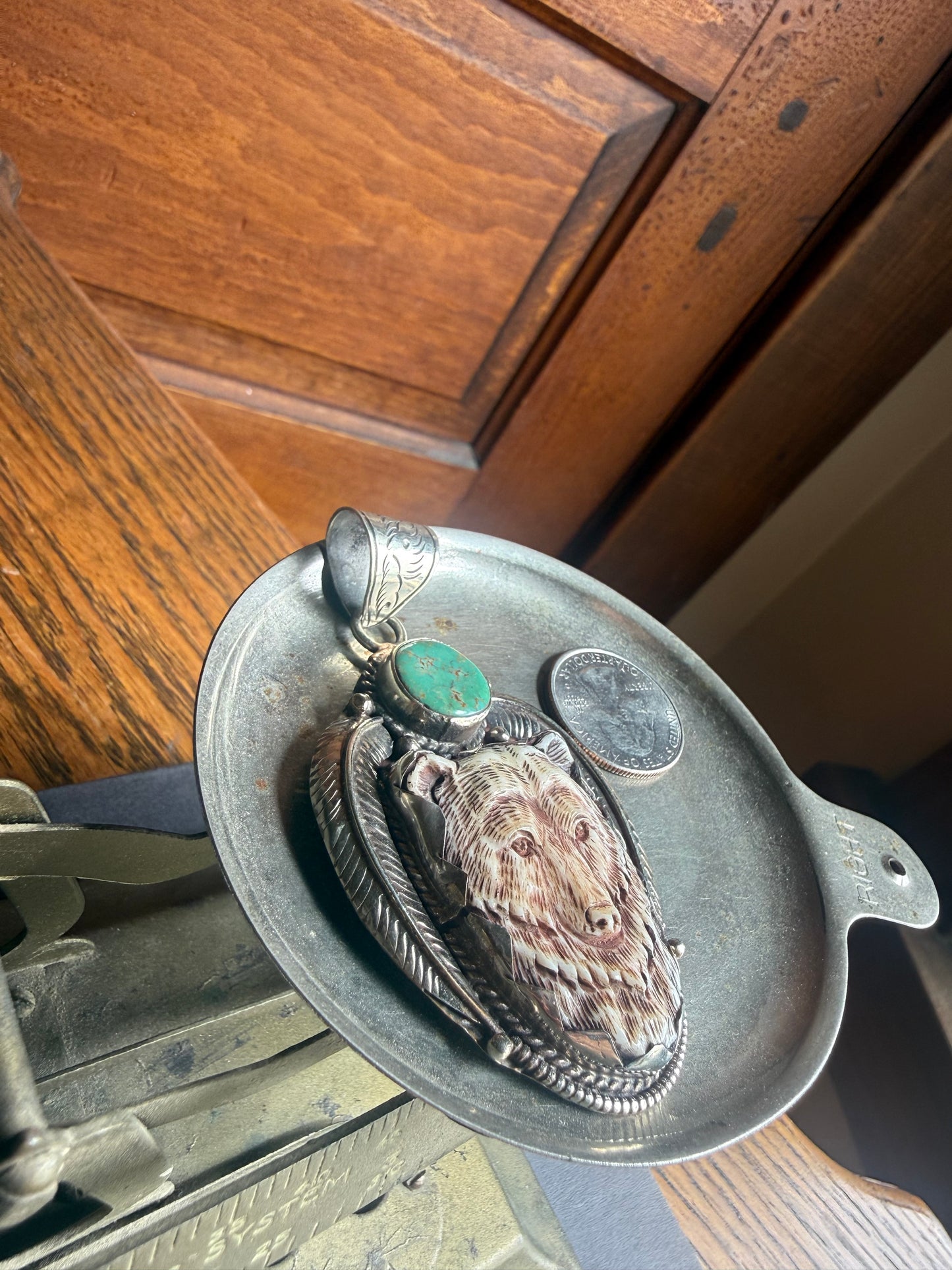 Green Turquoise Stone & Wood Carved Bear Pendant
