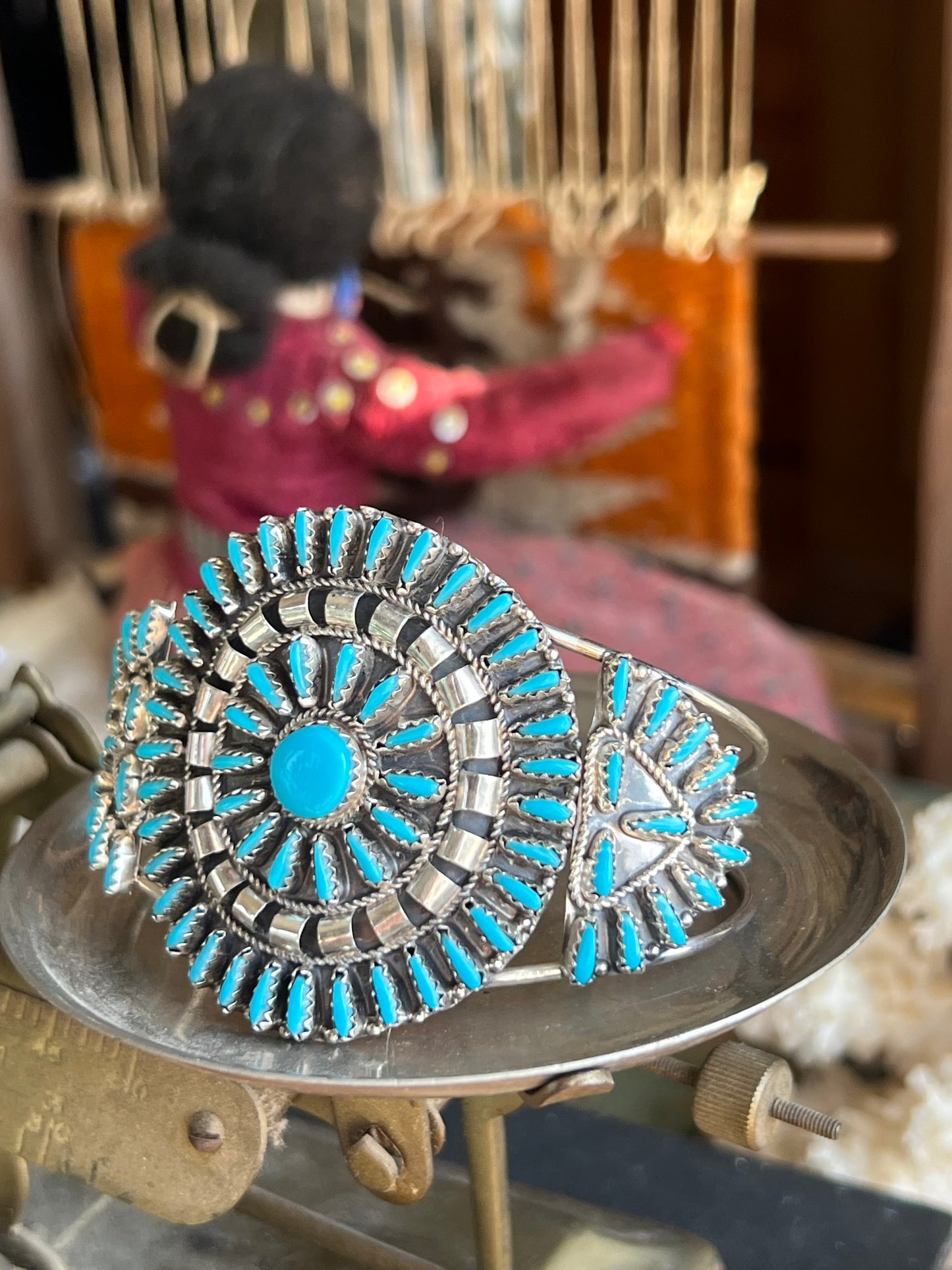 “VJB” Sterling Silver Turquoise Petit Point Zuni Cuff
