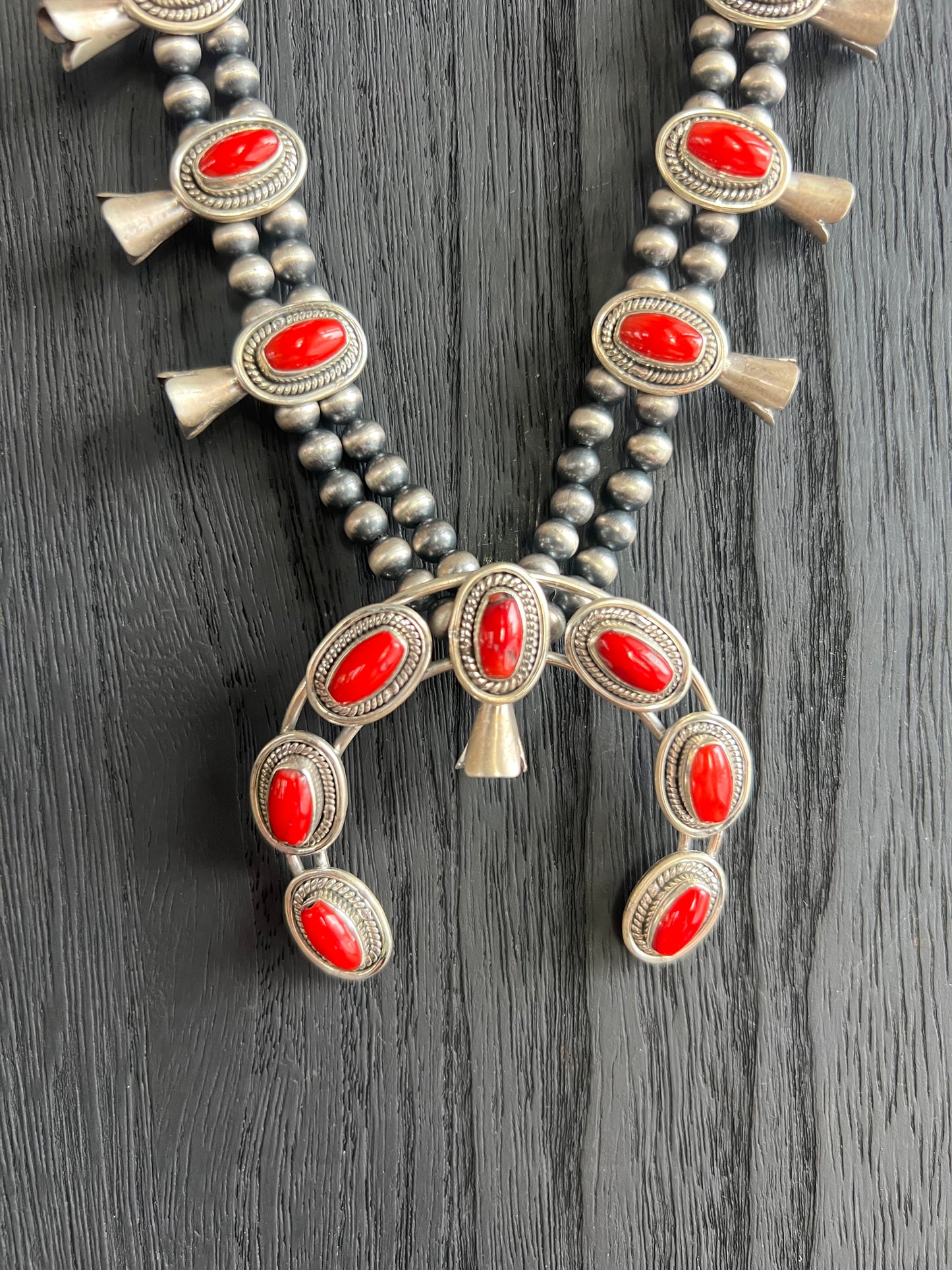 Coral & Sterling Silver Squash Blossom Necklace