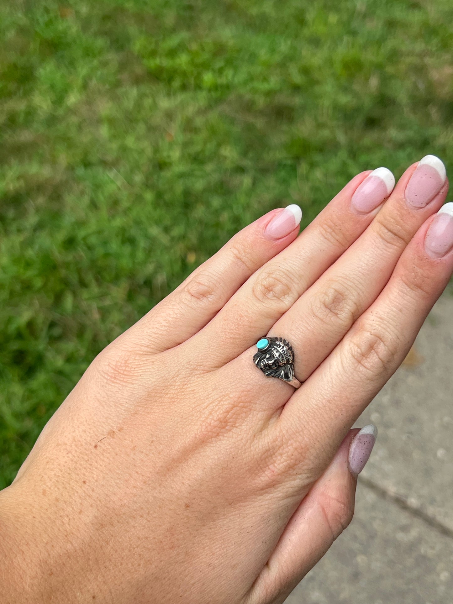 Broken Arrow Turquoise & Indian Chief Sterling Silver Ring