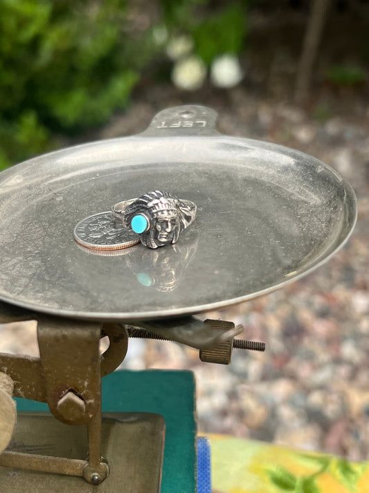 Broken Arrow Turquoise & Indian Chief Sterling Silver Ring