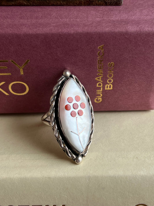Mother of Pearl Zuni Coral Flower Ring