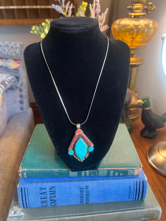 Vintage Turquoise & Coral Pendant on Chain Necklace