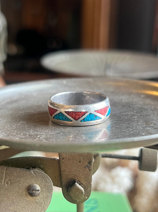 Turquoise & Coral Crushed Inlay Ring