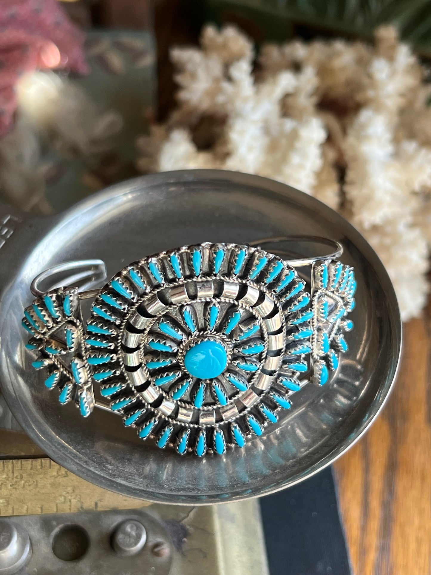 “VJB” Sterling Silver Turquoise Petit Point Zuni Cuff