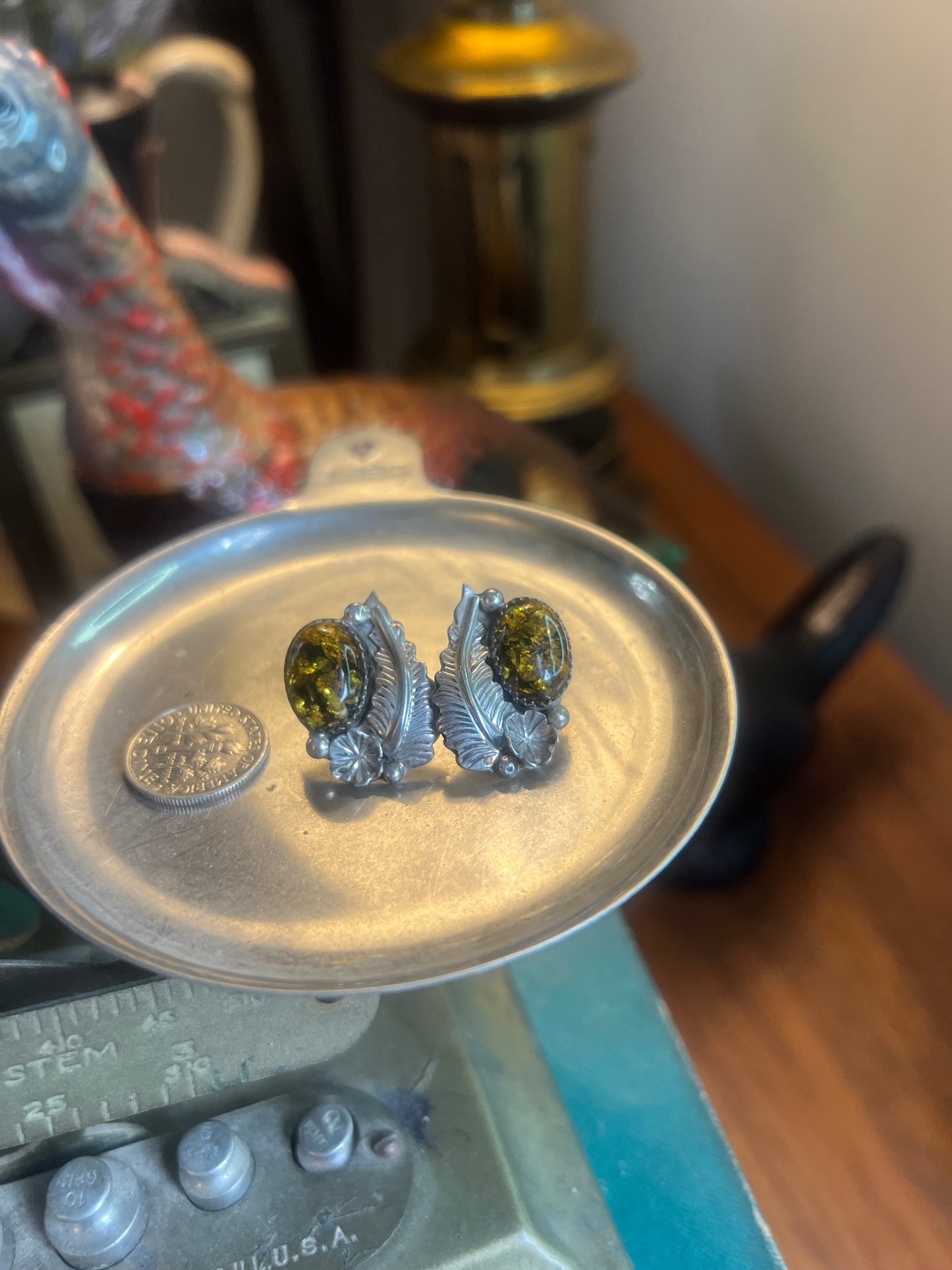 Signed W Amber Stone & Sterling Silver Post Earrings