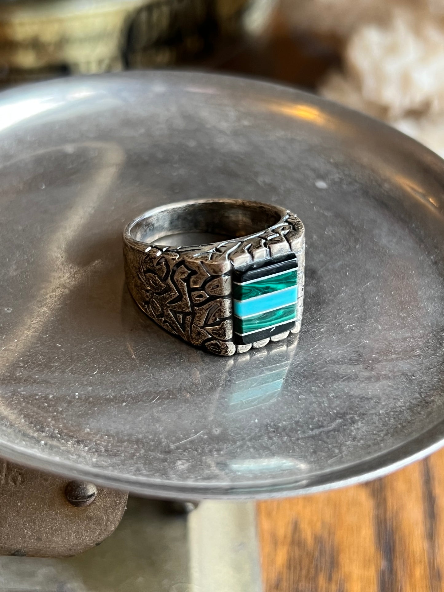 Old Pawn Onyx, Malachite, & Turquoise Sterling Silver Ring