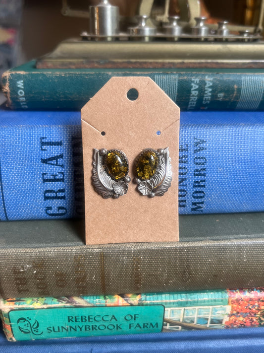 Signed W Amber Stone & Sterling Silver Post Earrings