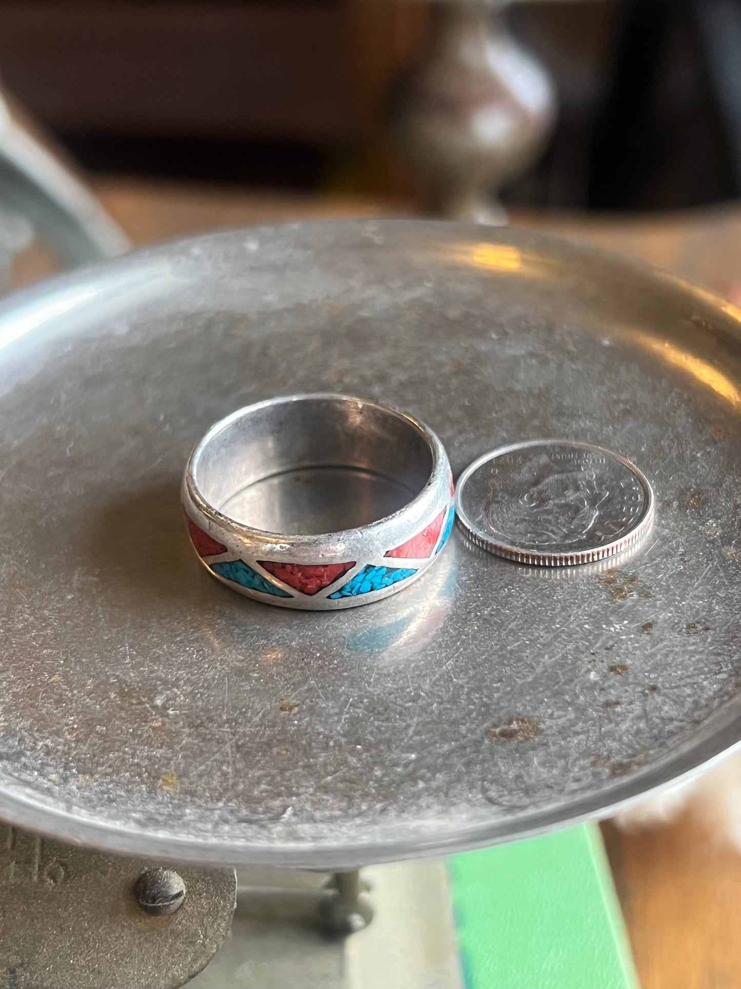 Turquoise & Coral Crushed Inlay Ring