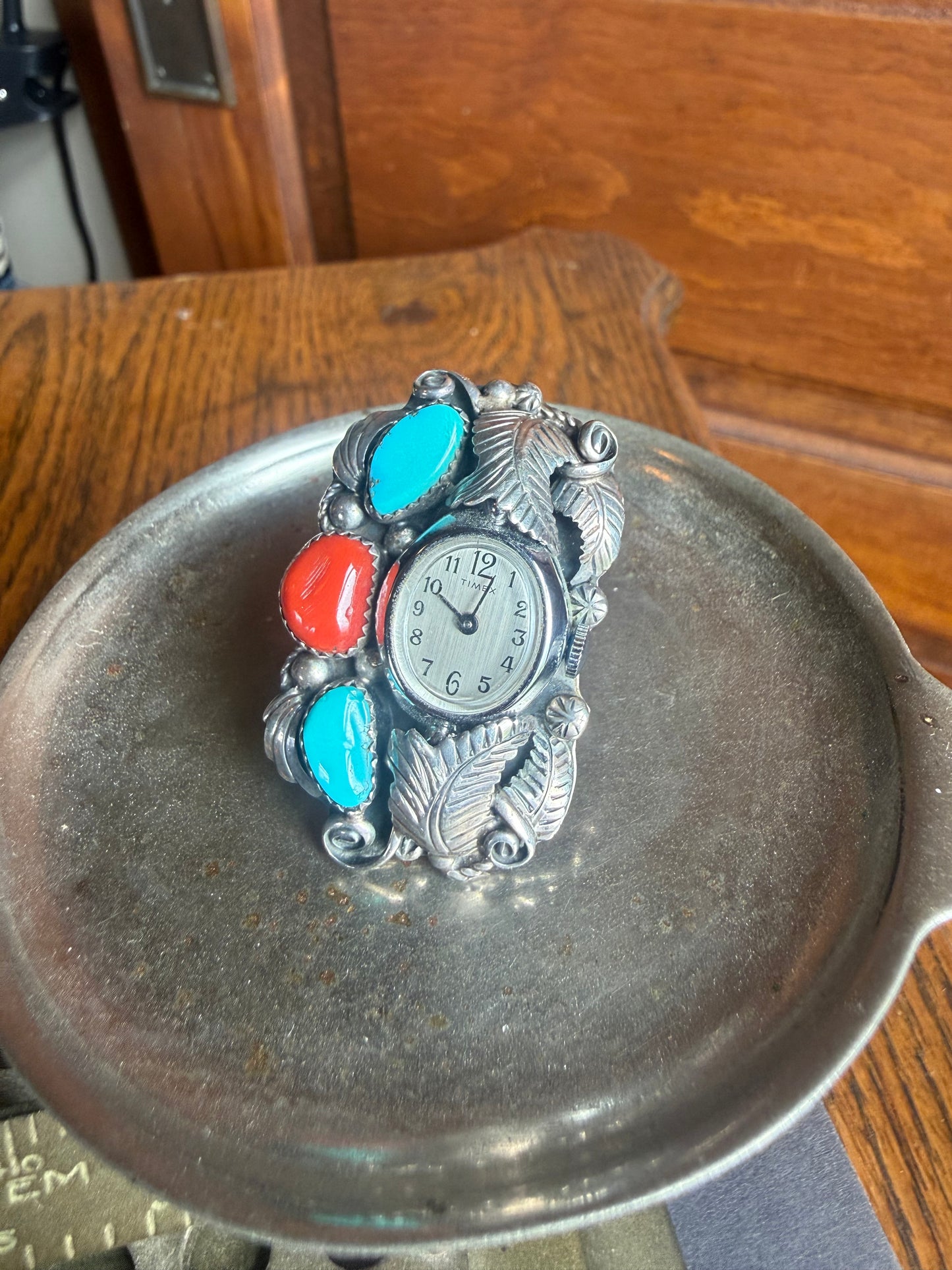 Rob Kelly Turquoise and Coral Stone Clock Ring