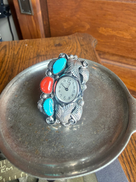 Rob Kelly Turquoise and Coral Stone Clock Ring