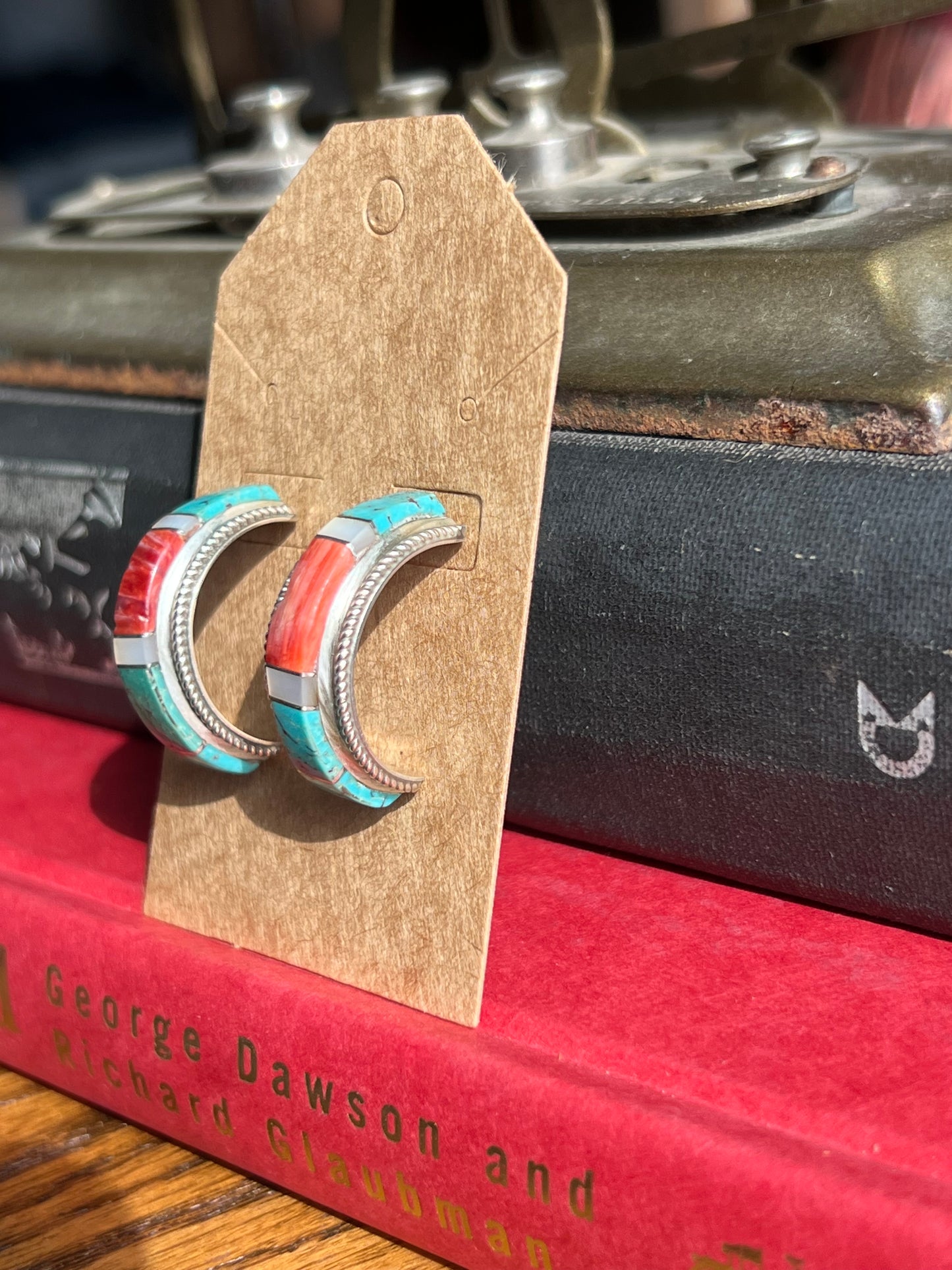 Crushed Turquoise & Coral Sterling Silver Half Moon Earrings