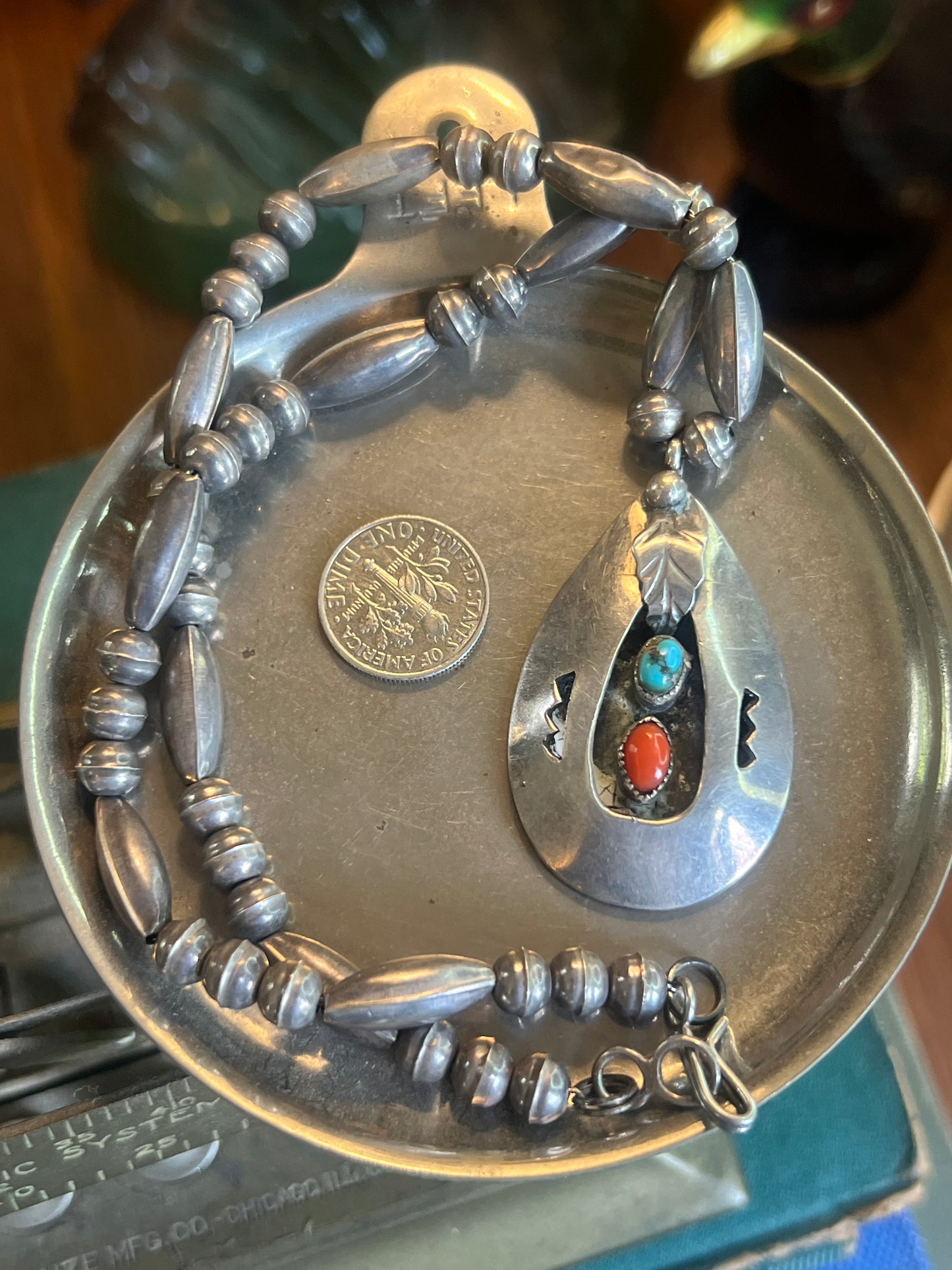 A. White Turquoise & Coral Shadow Box Pendant on Navajo Pearls & Fluted Bench Beads