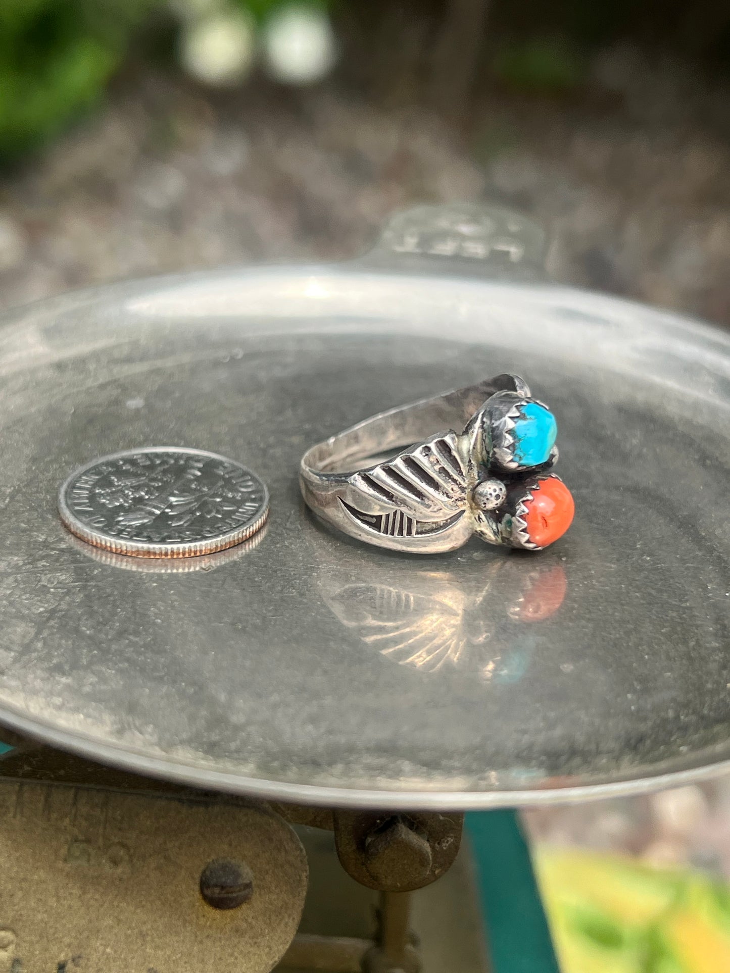 Cripple Creek Turquoise & Orange Coral 2-Stone Ring