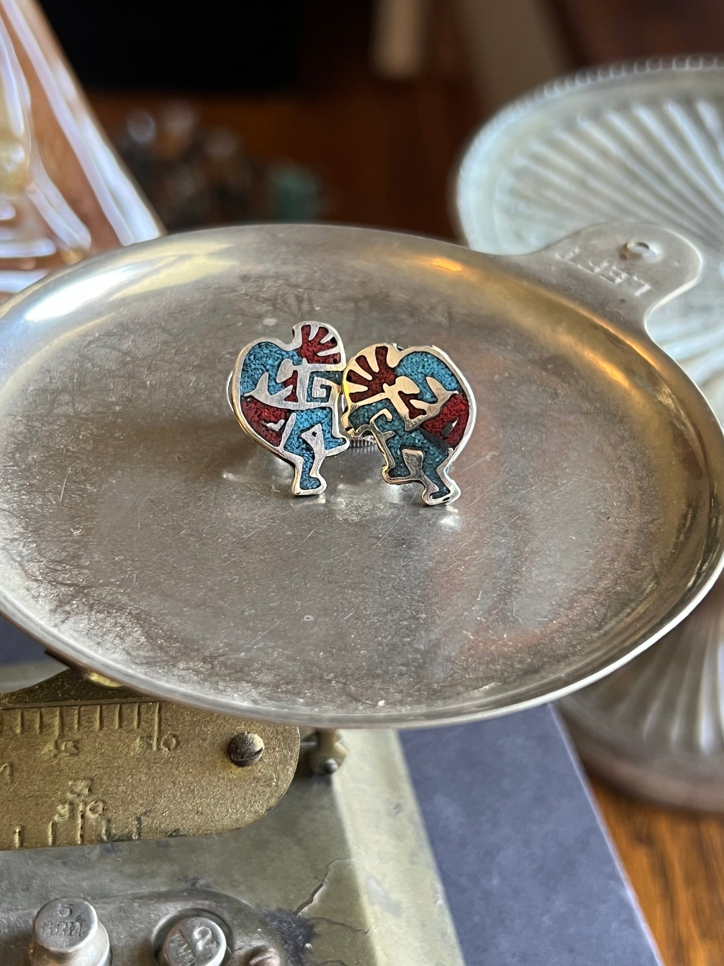 Kokopelli Turquoise & Coral Inlay Earrings