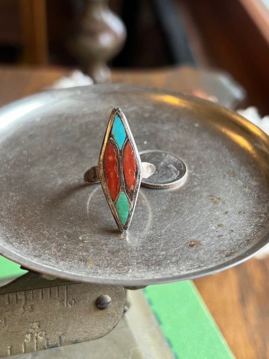 Green/Turquoise & Coral Crushed Inlay Ring