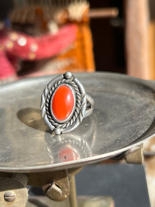 Coral Stone Ring with Braided Frame