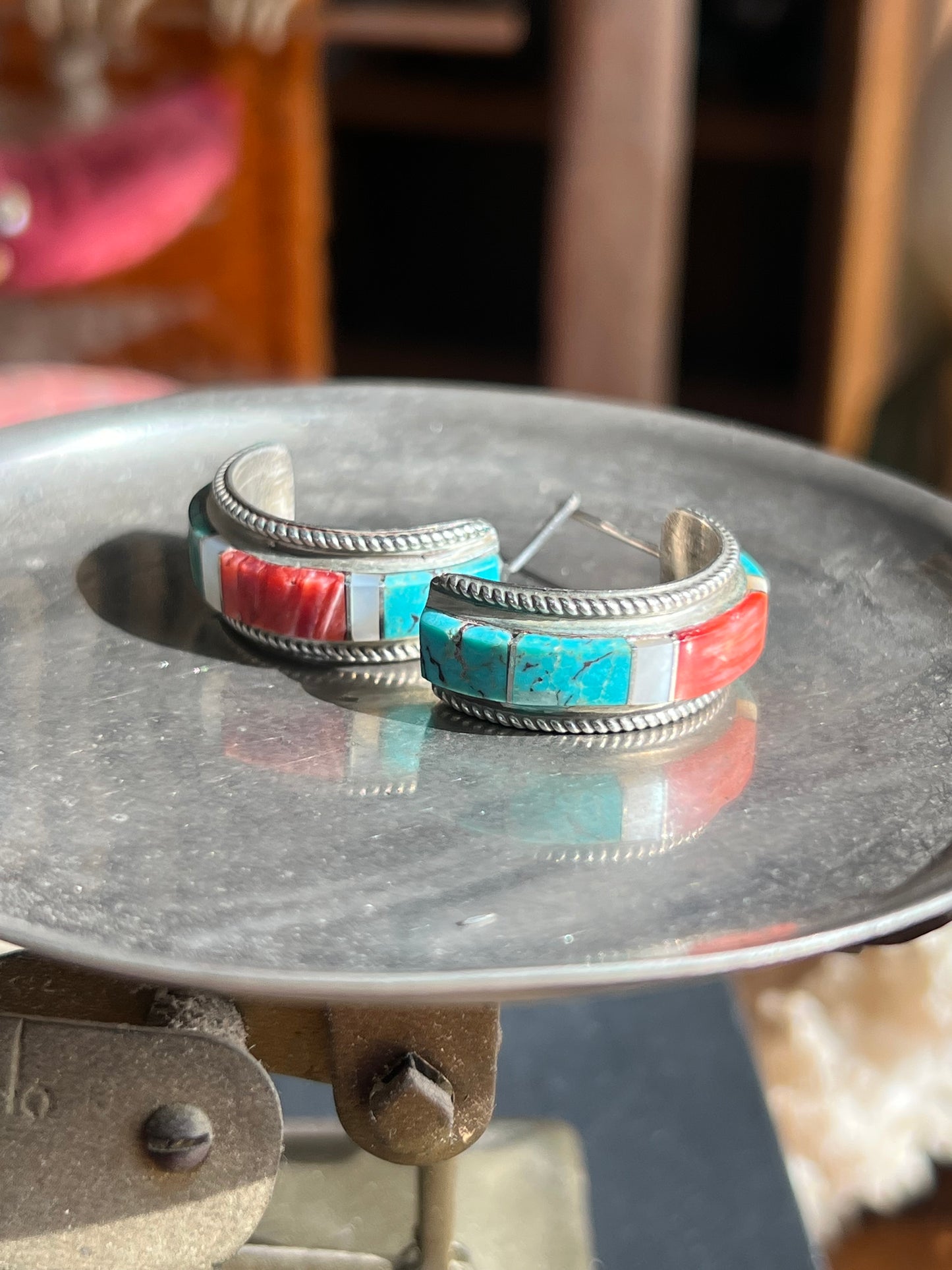 Crushed Turquoise & Coral Sterling Silver Half Moon Earrings
