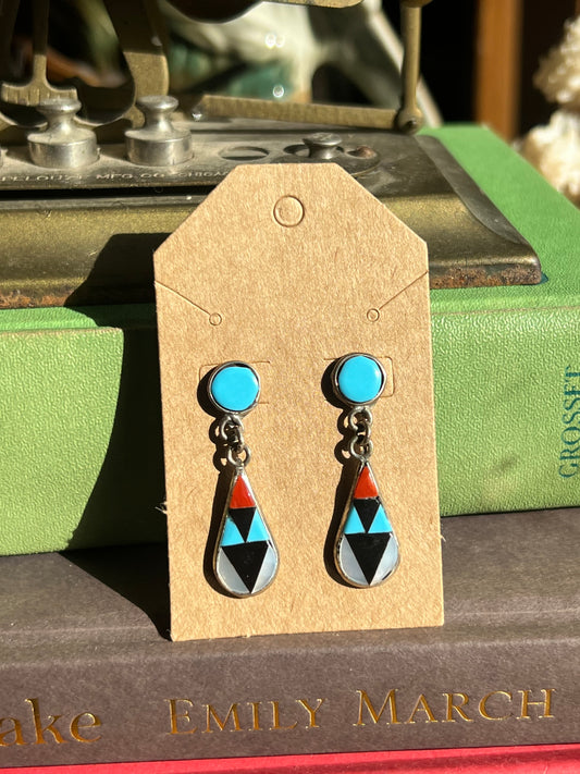 Multi Color Inlay Sterling Silver Drop Earrings