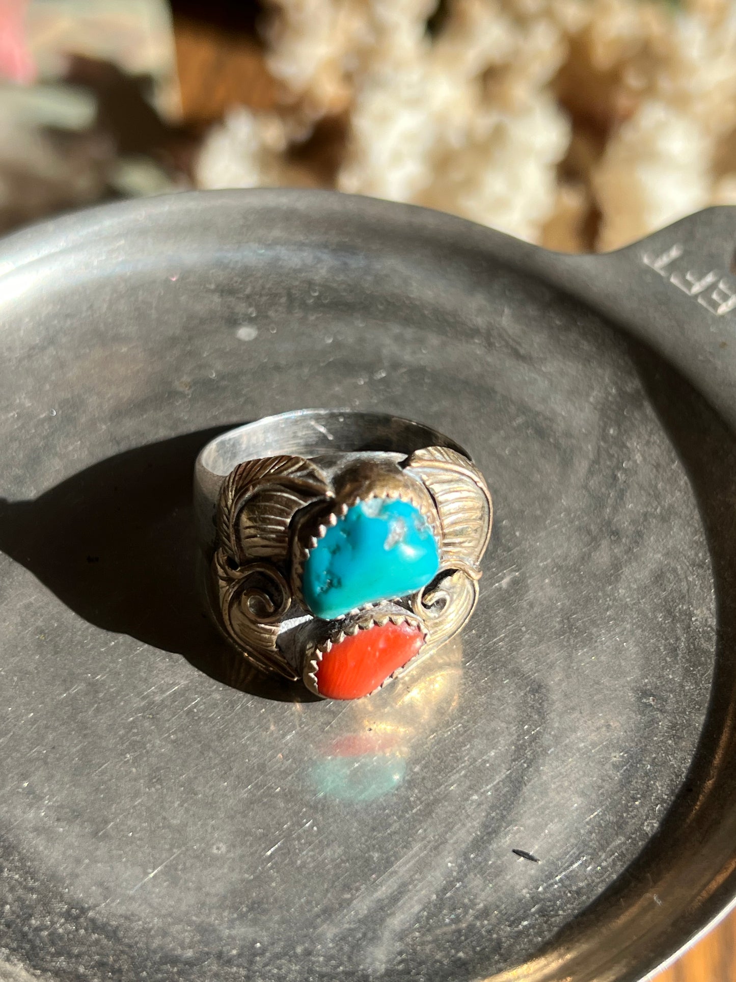 Sterling Silver/ 12KT Gold Filled Turquoise & Coral Double Stone Ring