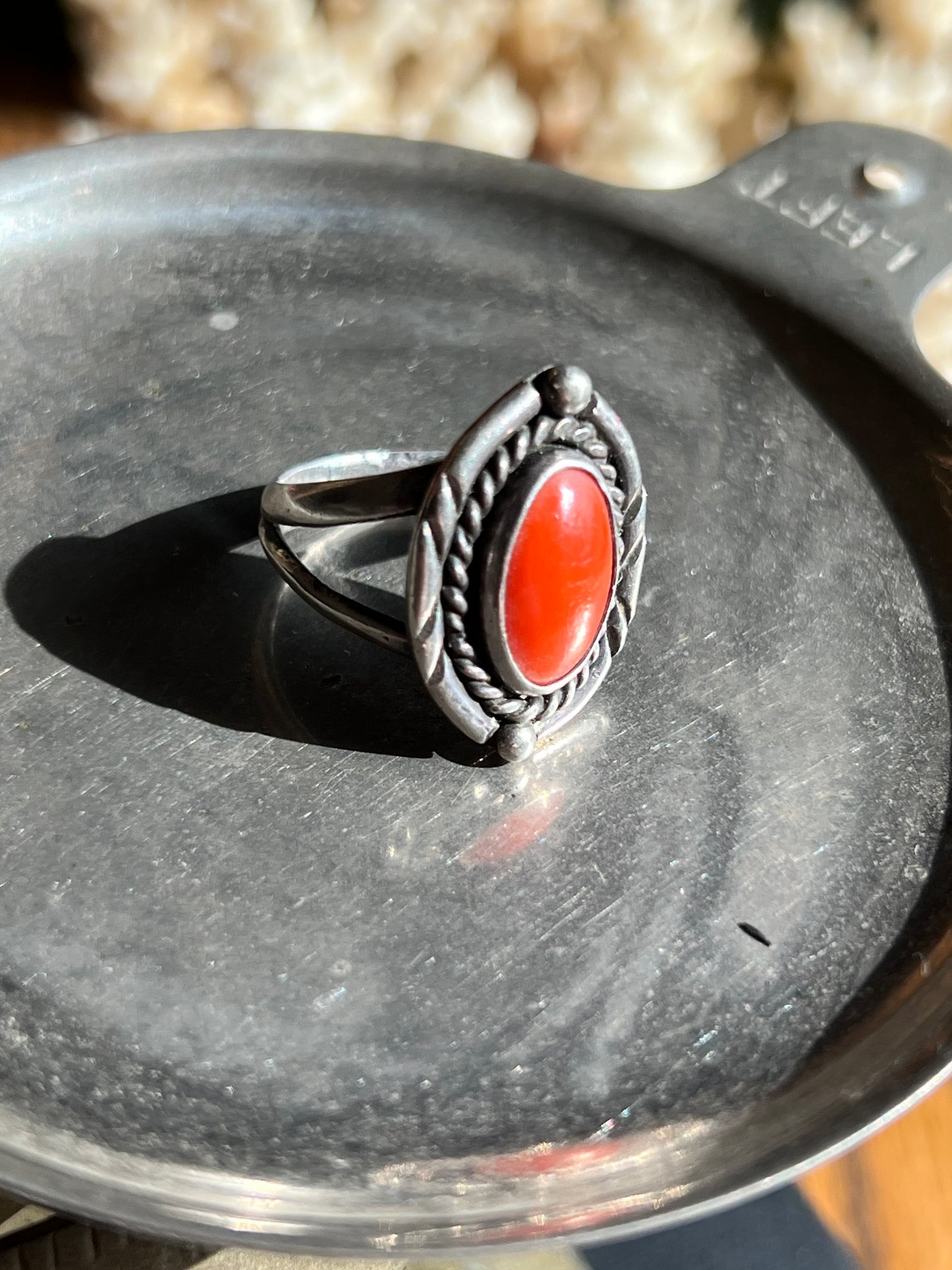 Coral Stone Ring with Braided Frame