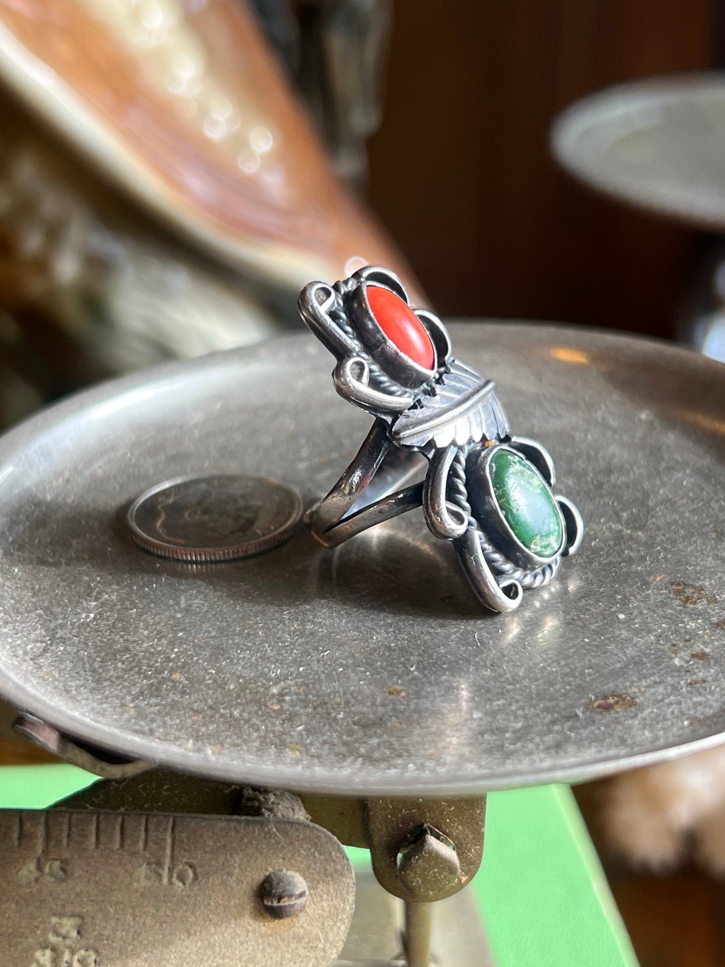 Signed “HT” Emerald & Coral Double Stone Ring