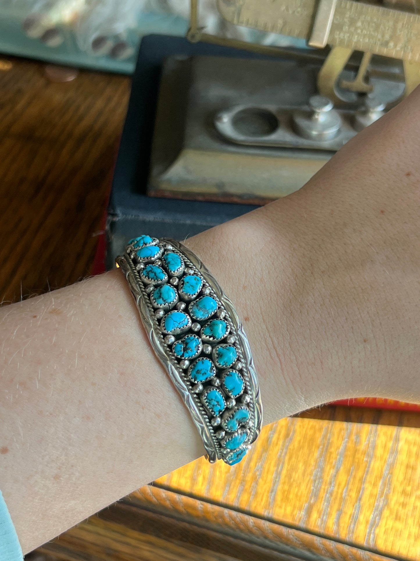 “A” Sterling Silver Kingman Turquoise 20-Stone Cuff