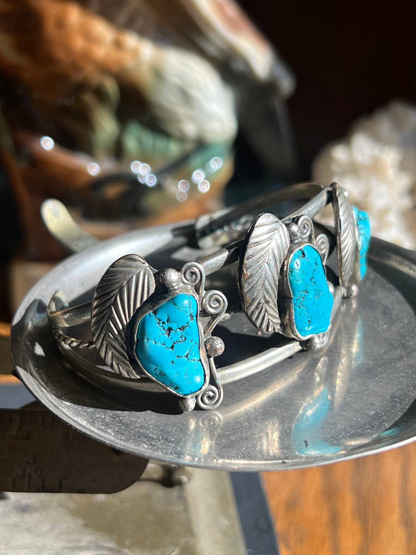 Vintage Kingman Turquoise 3-Stone with Feather Design Cuff