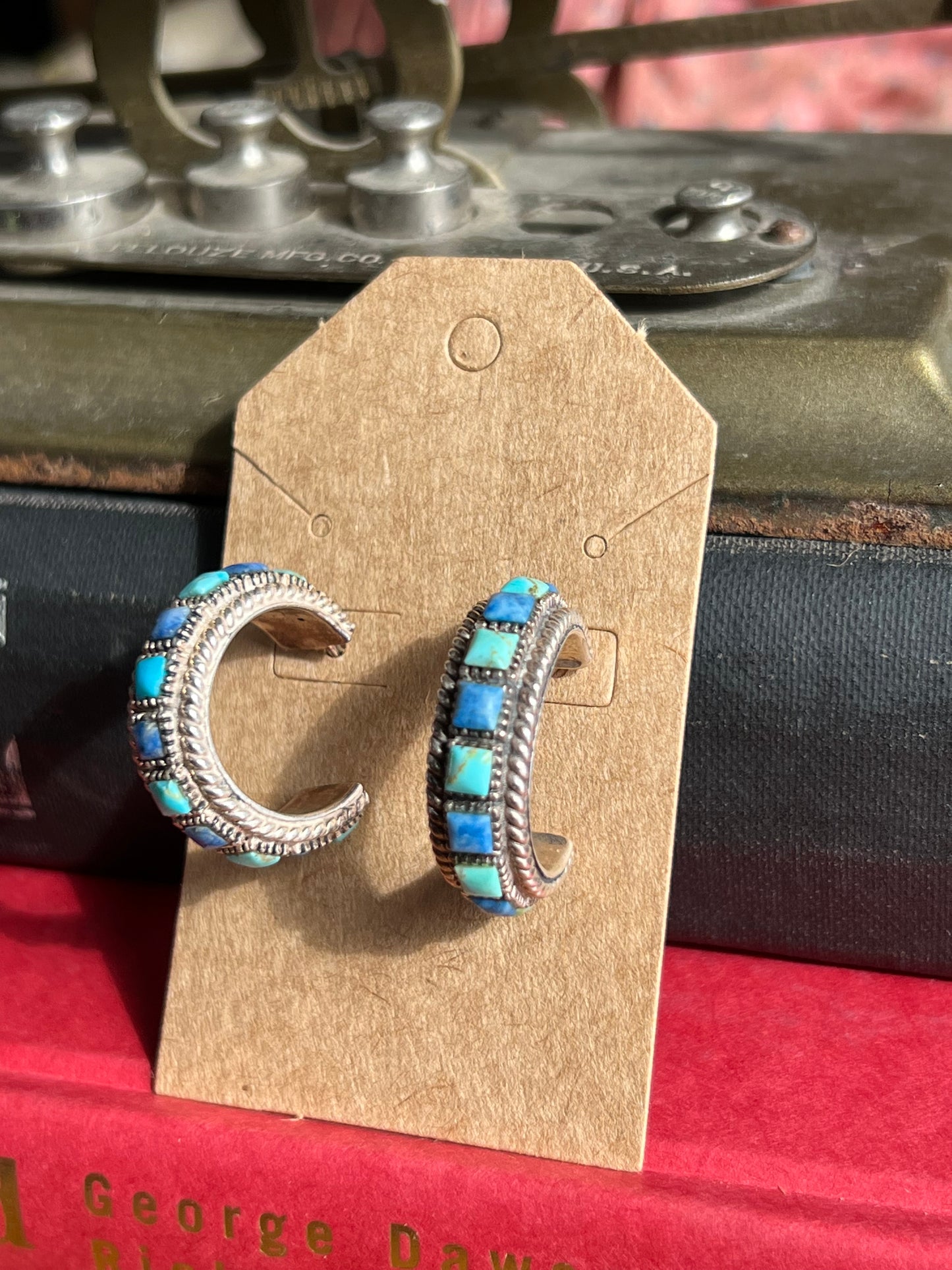 Turquoise & Lapis Sterling Silver Half Moon Earrings