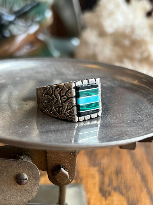 Old Pawn Onyx, Malachite, & Turquoise Sterling Silver Ring