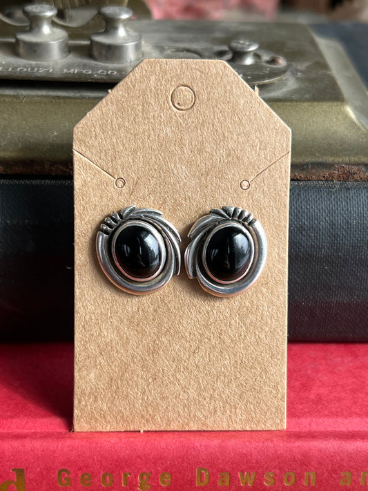 Signed Black Onyx Sterling Silver Post Earrings
