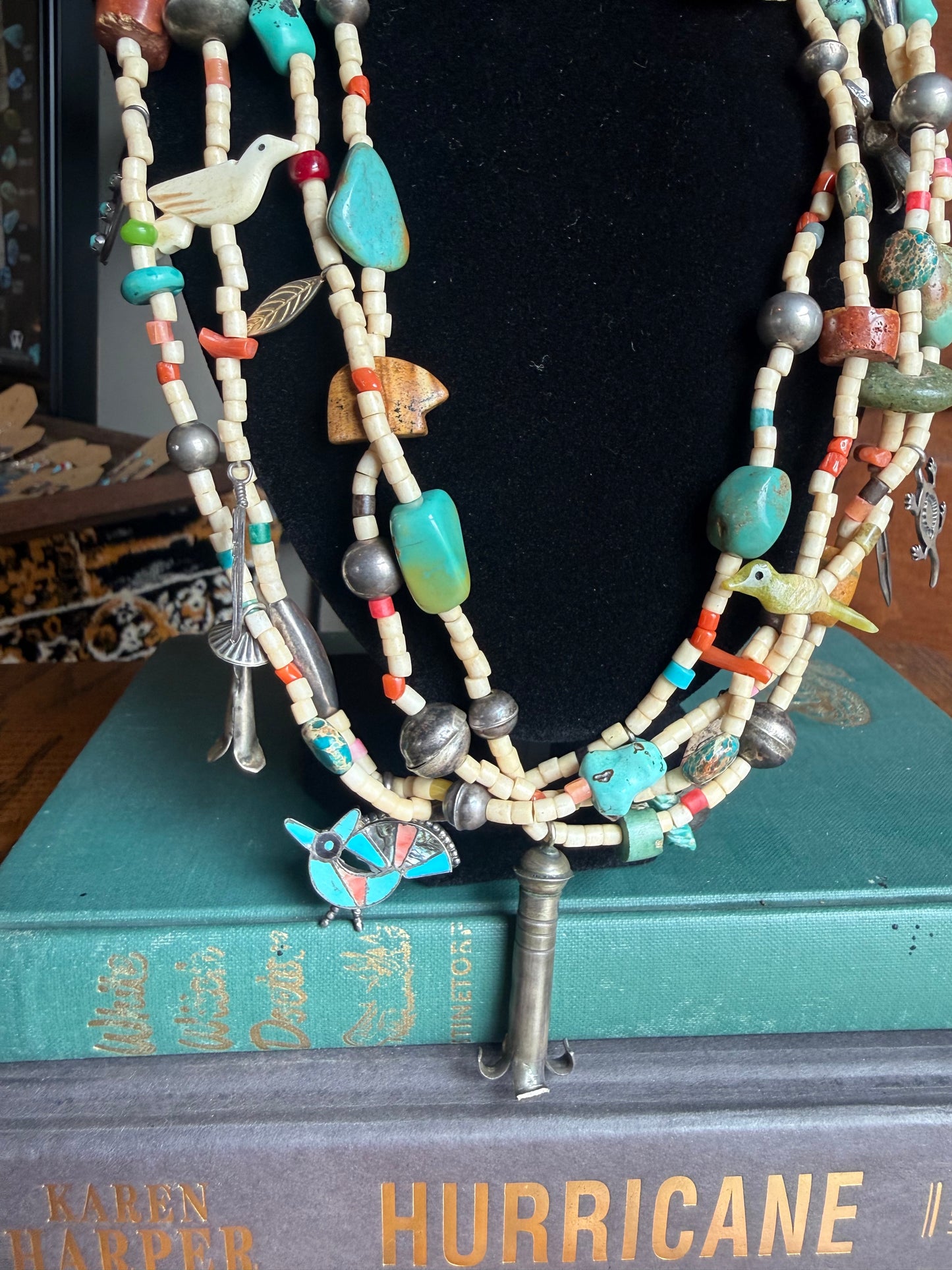 Handmade & One of a Kind 4-Strand Fetish Necklace with Zuni, Sterling, & Turquoise Charms