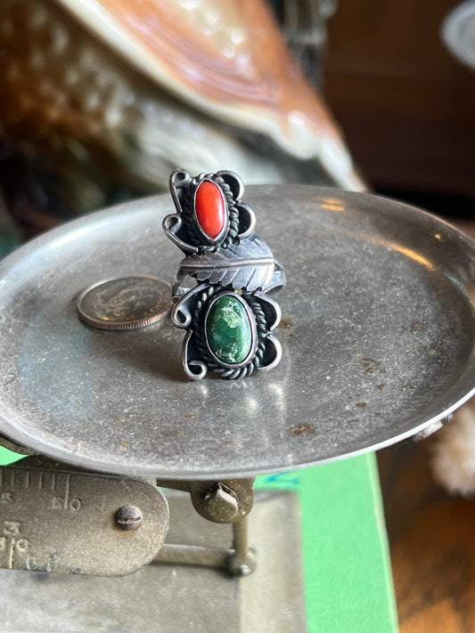 Signed “HT” Emerald & Coral Double Stone Ring
