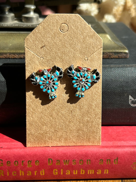 “MW” Sterling Silver MOP/Onyx/Turquoise/Coral Zuni Inlaid Thunderbird Earrings