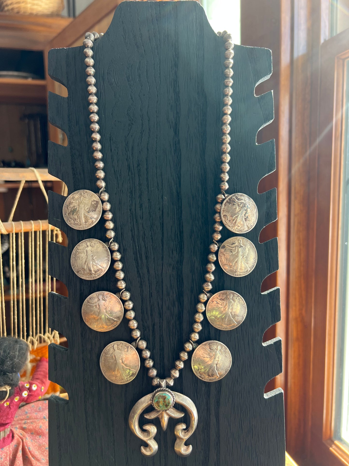 Vintage In God We Trust Coin Squash Blossom with Darling Darlene Stone