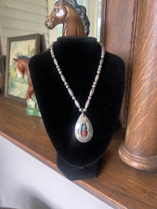 A. White Turquoise & Coral Shadow Box Pendant on Navajo Pearls & Fluted Bench Beads
