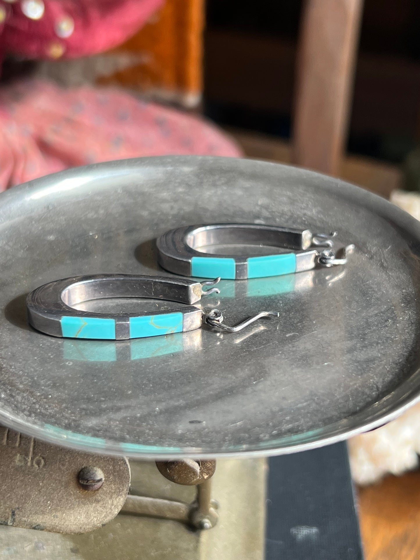 Crushed Turquoise Inlay Sterling Silver Hoop Earrings