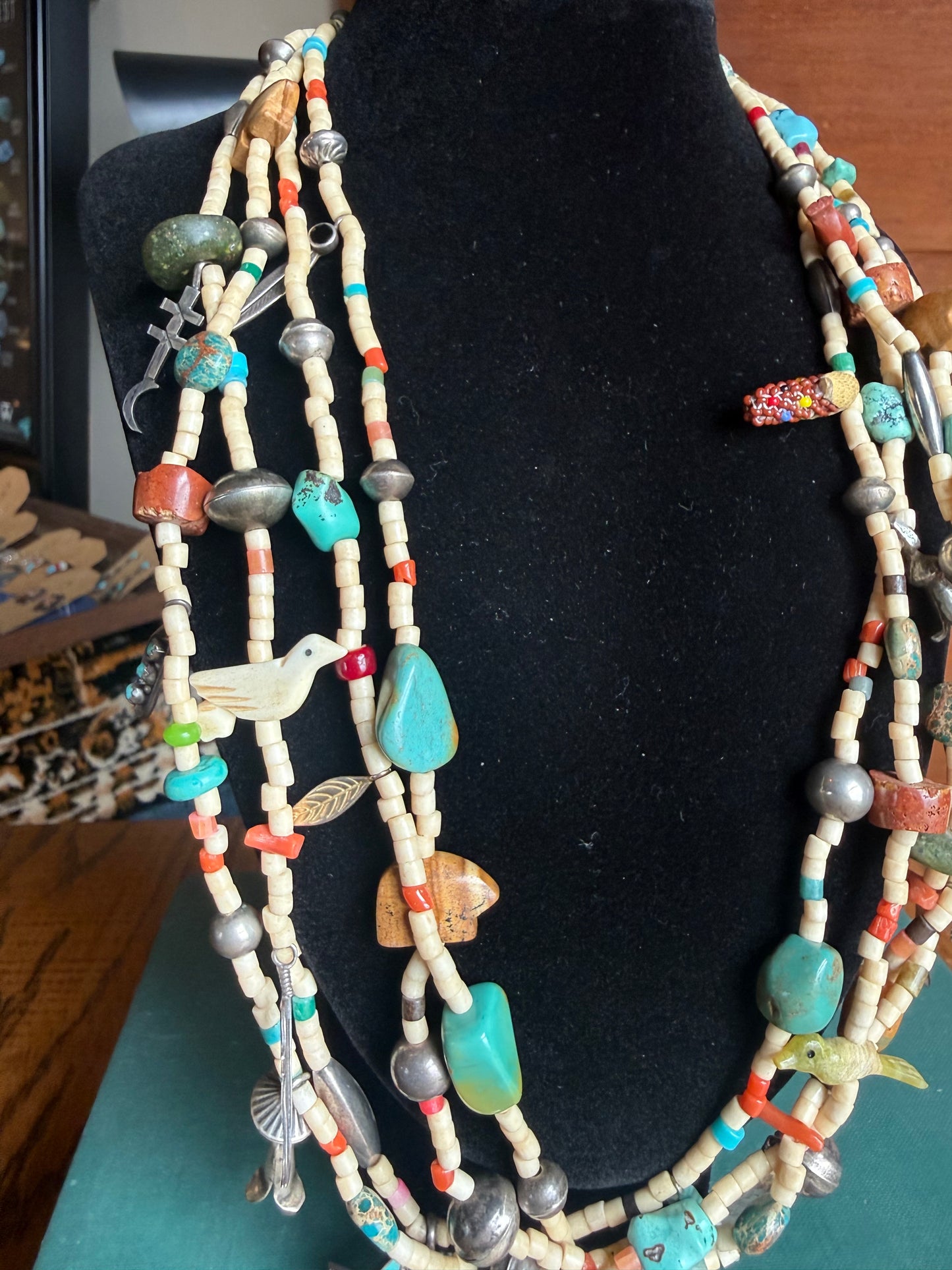 Handmade & One of a Kind 4-Strand Fetish Necklace with Zuni, Sterling, & Turquoise Charms