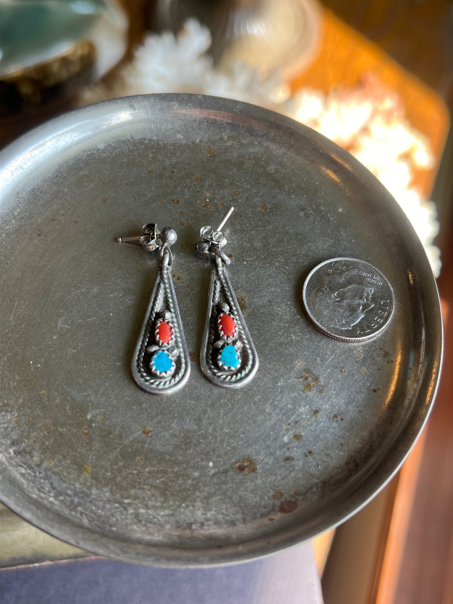 Turquoise & Coral 2-Stone Drop Earrings