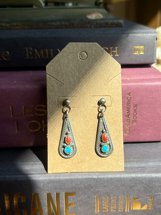 Turquoise & Coral 2-Stone Drop Earrings